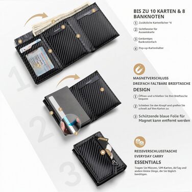 Шкіряний гаманець для карток VULKIT з RFID-захистом, Pop-Up картхолдер з відділенням для купюр, монетницьою та вікном для ID, чорний