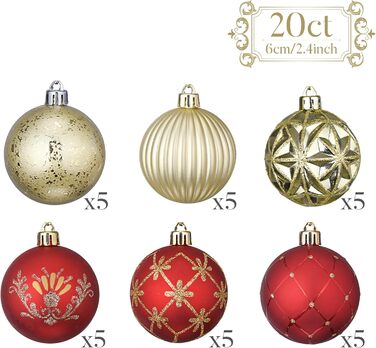 Набір прикрас для ялинки Valery Madelyn 20 шт, 6 см, пластик, червоний та золотий, з гачками | Новорічні кулі для декору