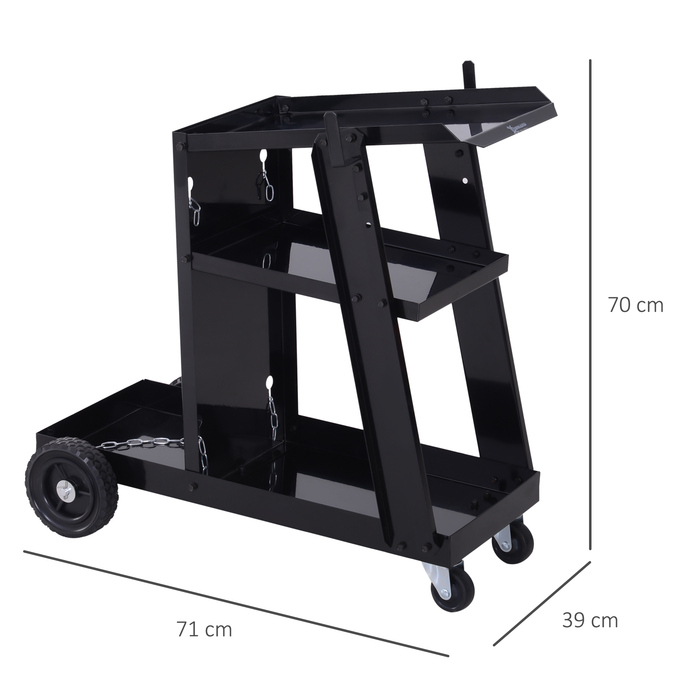 DURHAND Welding Cart Welding Equipment Cart with 3 Shelves and Safety Chain, Gas Cylinder Cart in Black 71x39x70 cm for Workshop