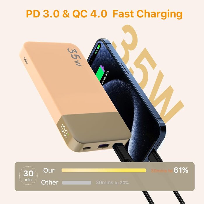 Power Bank NOBIS 35W 10000mAh з цифровим дисплеєм, USB-C, PD, QC, для смартфонів, планшетів, камер (Оранжевий)