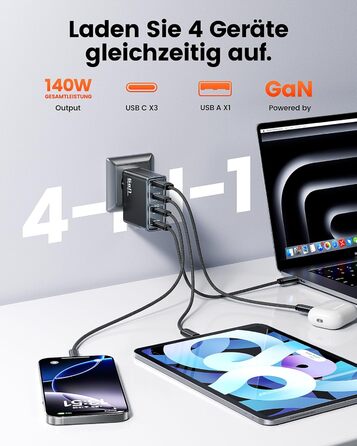 Зарядний пристрій USB-C toocki 140W GaN з 4 портами (USB-C + USB-A) PD3.1 для iPhone, MacBook, Samsung та інших пристроїв