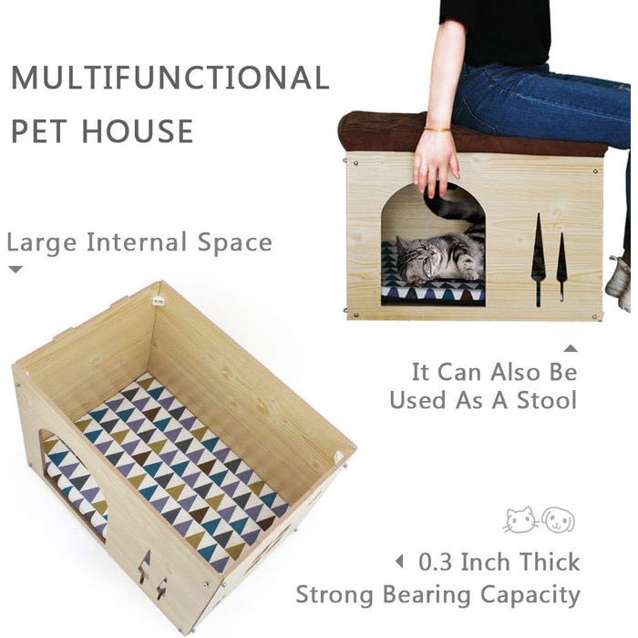 Wooden Dog House with Mattress - Detachable Cat House in Shoe Locker Shape - Indoor Pet House for Cats, Puppies, Dogs & Small Animals - All Seasons Pet Nest - Beige, Large (L)