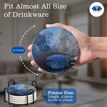 Guruji Divinity Absorbent Ceramic Stone Coasters, Set of 6, with Cork Bottom, Fun Drink Coasters with Holder for Cold Drinks, Wine Glasses and Cups, Table Protection, 10.2 cm (purple) (Bridge)