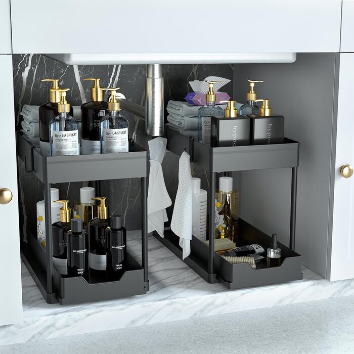 DEKAVA Kitchen Organizer, 2 Under Sink Shelf, Closet Kitchen Organizer with 4 Hooks, Closet Basket for Kitchen, Bathroom, Cleaning Supplies, Detergent (Black)