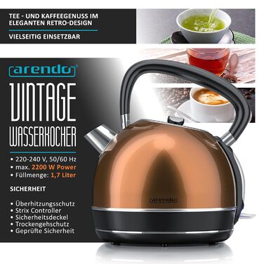 Набір чайник та тостер Arendo Kupferoptik: чайник 2200W, 1.7л, фільтр від накипу + тостер 2-шкісний з підігрівом для булок