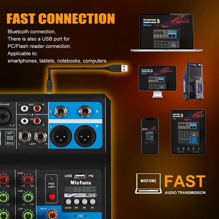 Міні аудіо DJ-мікшер 5-канальний з Bluetooth, USB, MP3, 48V фантомним живленням, стерео, для професійного студійного та сценічного використання, вечірок, KTV