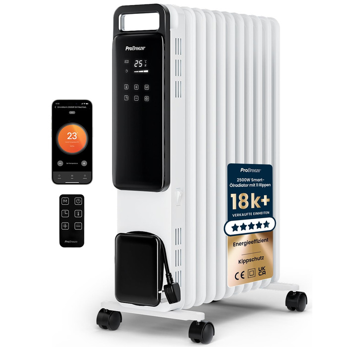 Розумний електричний масляний радіатор Pro Breeze 2500W, 11 секцій, з керуванням через Wi-Fi/App, термостатом, таймером на 24г та сенсорним дисплеєм, білий