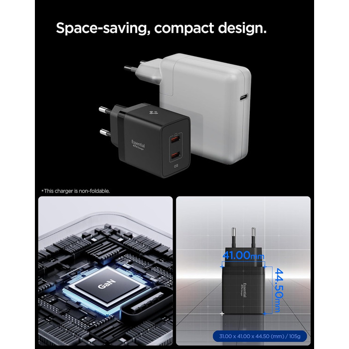 Зарядний пристрій Spigen ArcStation Essential GaN 47W 2xUSB-C з PPS та PD 3.0, чорний