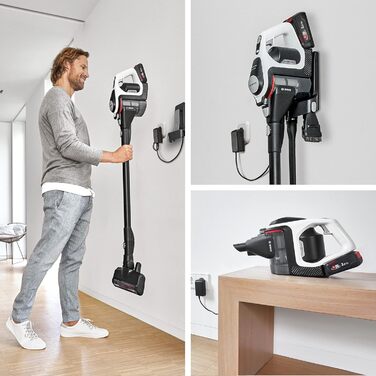 Bosch Unlimited Gen2 Series 8 Cordless Vacuum Cleaner BKS8214W, bagless, up to 45 minutes runtime, interchangeable battery, LED lighting, automatic adjustment to all floor types, XXL upholstery nozzle, white