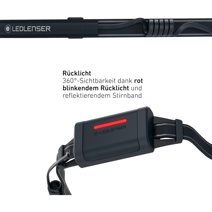 Ліхтарик налобний Ledlenser NEO5R для бігу, 600 лм, акумуляторний, з червоним заднім світлом, відбиваючий ремінець, грудний ремінь, поворотна голівка, чорний/сірий