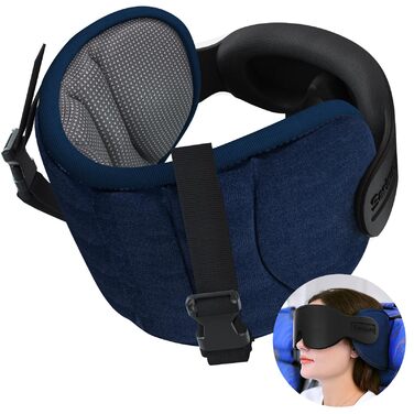 Подушка для шиї в літак з 3D маскою для сну, підтримуюча стрічка 360°, проти нахилу голови, аксесуар для тривалих перельотів (Сіра у крапку)