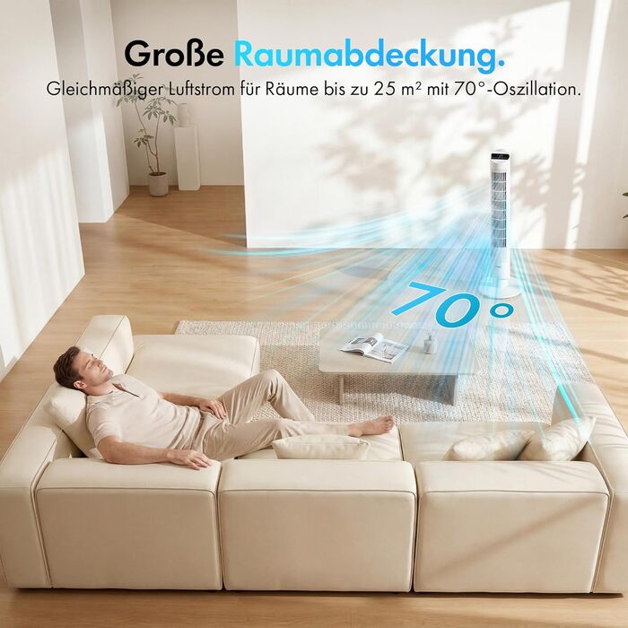 VonHaus Турмовентилятор 102 см, Електричний вентилятор зі WiFi, Управління Alexa/Google Home, Пульт, Таймер 12 год, Обертання 70°, для дому та офісу, Білий