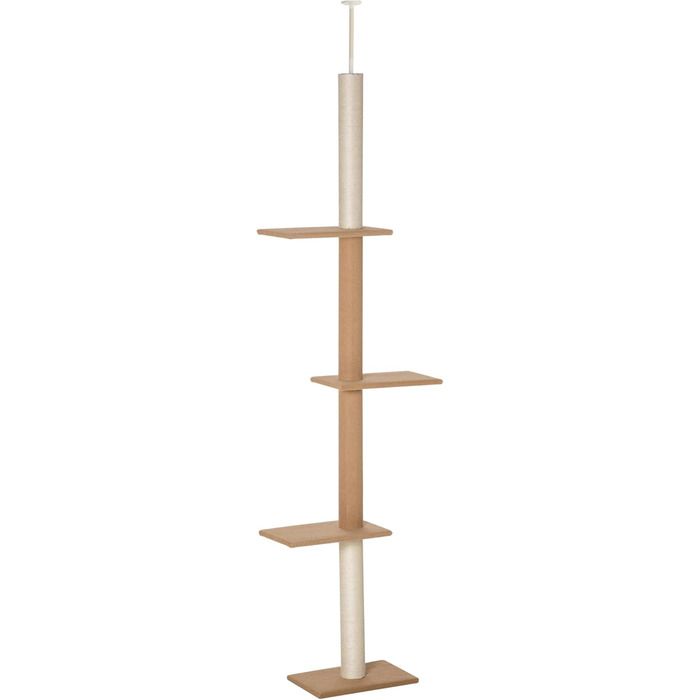 PawHut Cat Tree, Ceiling-High, 228-260 cm Adjustable Height Cat Tree/Climbing Tree for Cats with 3 Levels, Cat Scratching Post, Floor-to-Ceiling Play Tree (Khaki)