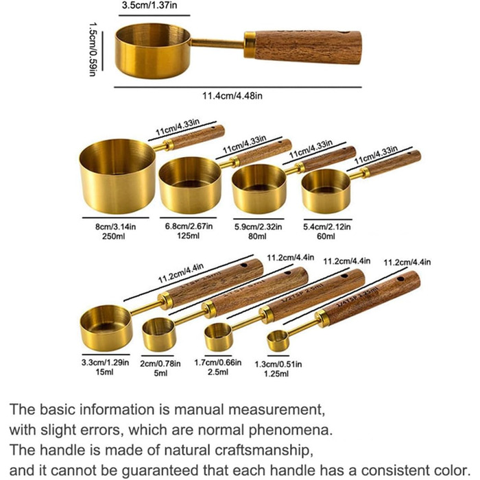 8-Piece Gold Measuring Cup and Spoon Set with Scale, BRIIEC Wooden Handle, Stainless Steel, Dry and Liquid Measuring Cups for Cooking, Baking