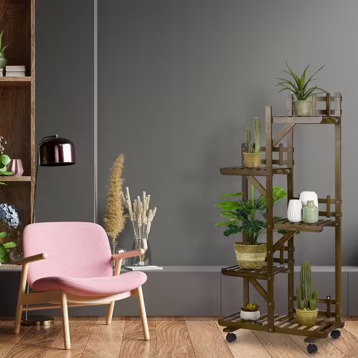 Relaxdays Brown Plant Shelf Bamboo 5 Shelves