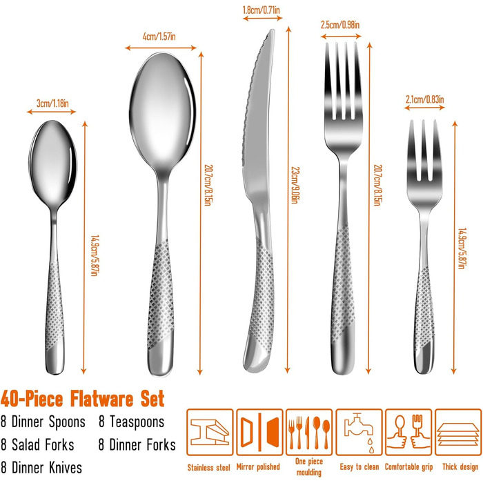 Набір столових приборів на 8 осіб, 40 предметів: ножі, виделки, ложки. Виготовлений з нержавіючої сталі, дзеркально відполірований, придатний для миття в посудомийній машині. Сріблястий колір.