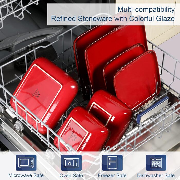 LOVECASA Сервіз Tafelservice Vibri, 16 частин, квадратний сервіз з кераміки для 4 осіб | Тарілки, чашки, десертні тарілки та миски, (Червоний, 16 частин)