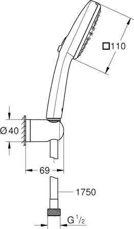 Душова лійка GROHE Vitalio 110, водозберігаюча, 8 л/хв, 2 струмені, регулюється, універсальне підключення, захисний силіконовий кільце, кругла, хром, 26397001 (Набір ручної лійки)
