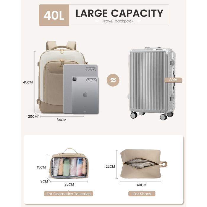 LOVEVOOK Рюкзак для ручної поклажі, 40L, для жінок, валіза-рюкзак з відділенням для ноутбука, водонепроникний, для подорожей, ділових поїздок, вихідних, Khaki-beige