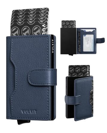 Чоловіче картхолдер VULKIT з RFID блокуванням, з металу, на 3 картки та віконцем для посвідчення, компактний гаманець, шкіряний, з магнітною застібкою, бордовий (справжня шкіра Litchi Navy)