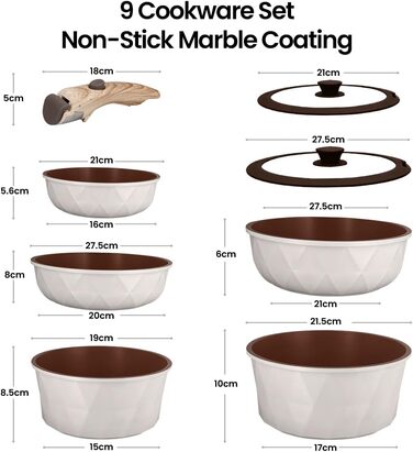 Набір посуду 9 предметів з антипригарним покриттям Diamant Beige: каструлі та сковорідки для всіх плит, включаючи індукційні. Без PFOA/PFAS