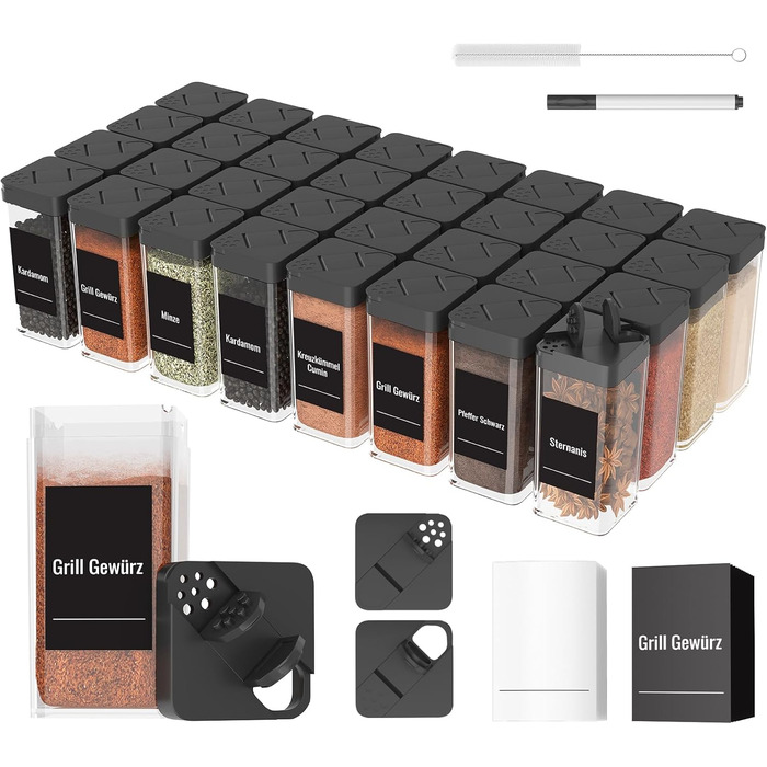 Набір баночок для спецій кутовий 12 шт. 120 мл з кришкою, чорний. Органайзер для спецій, баночки для приправ з дозатором, 36 етикеток