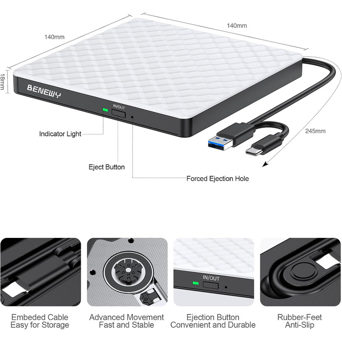 Зовнішній DVD-привід USB 3.0 та USB-C, CD/DVD Brenner для ноутбука та ПК (Windows, macOS, Linux), білий