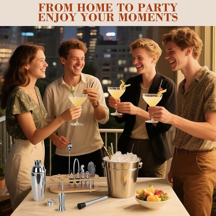 Набір для коктейлів FoiiLiio 12 шт. з шейкером 750 мл та аксесуарами для бару, нержавіюча сталь, з бамбуковим підставкою для дому, SHAKER-12P