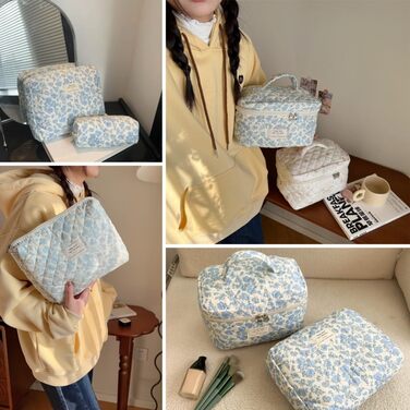 Набір 3 косметичні сумки для подорожей: дамська культбагаж з квітковим візерунком, степенева культбагаж, косметичка для макіяжу, портативна сумочка для дівчат та жінок (блакитний квітковий принт)