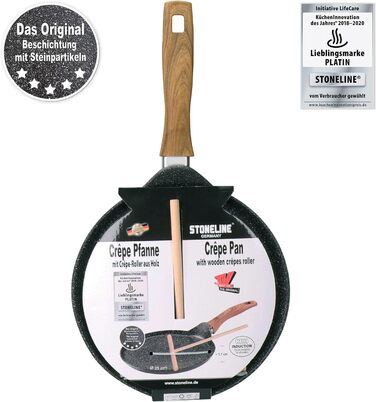 STONELINE Back to Nature Crepe Pan Induction 25 cm, Omelette Pan coated with real stone particles, Pancake/Pancake Pan Non-Stick, Fat-Free Frying, All Cooktops, Wood-Look