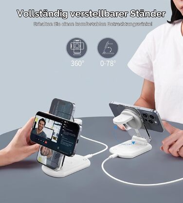 Бездротова зарядна станція 3 в 1 MagSafe для iPhone 16/15/14/13, Apple Watch та AirPods, складана з регулюванням кута та атмосферним підсвічуванням (Перламутовий білий)
