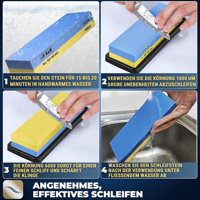Набір для заточування ножів S&R Schleifstein – 2-сторонній шліфувальний камінь 1000/4000 з направляючою та шліфувальним бруском.