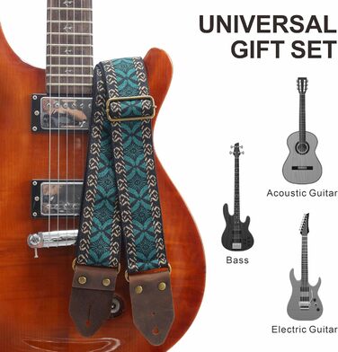 Гітарний ремінь Nefelibata з вишивкою, бавовна з дзеркальним краєм з Crazy Horse шкіри, для бас-гітари, електро- та акустичної, подарунок для дітей та гітаристів (вишивка зелена)