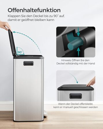 Відро для сміття SONGMICS 40 л з кришкою, педальним механізмом, Soft-Close, утримуванням кришки, срібне, LTB541E40