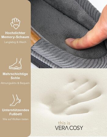 Чоловічі мокасини VeraCosy для дому з піною Memory Foam, зимові пантофлі, сірий колір, розмір 42/43 EU