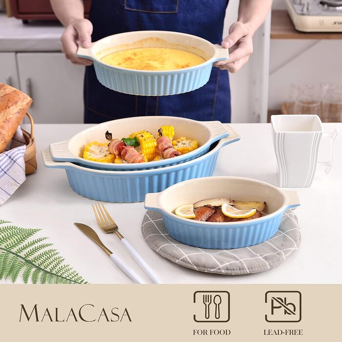 MALACASA Набір форм для запікання Bake.Bake (4 шт.) з кераміки, стійкої до подряпин | Ідеально для лазаньї, супів, тірамісу та іншого (блакитний)