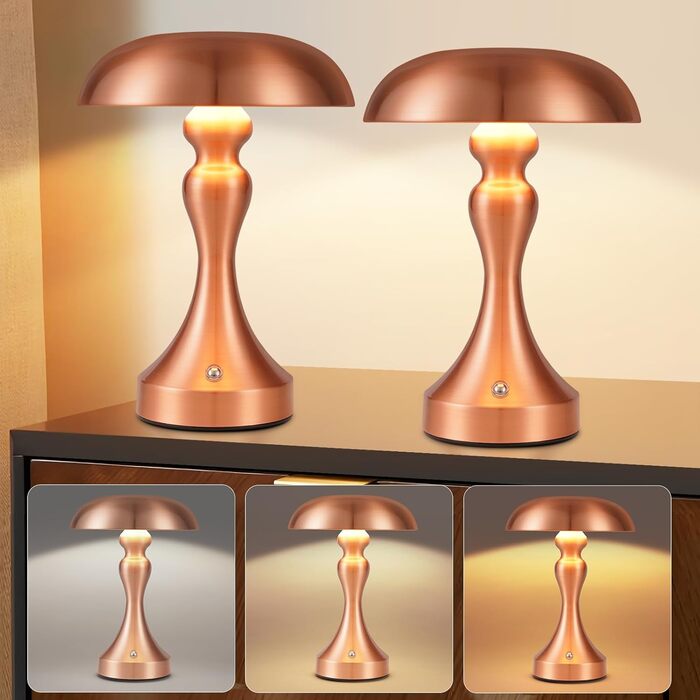 Бездротова настільна лампа з LED-підсвічуванням, сенсорне керування, регулювання яскравості, вінтажний стиль, USB-зарядка, нічник для спальні/вітальні (червоно-бронзова, 2 шт.)