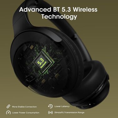 DOQAUS Бездротові Bluetooth навушники з мікрофоном, 70 годин роботи, Bluetooth 5.3, Over-Ear, 3 режими EQ, HiFi, складна конструкція, для (Чорний)