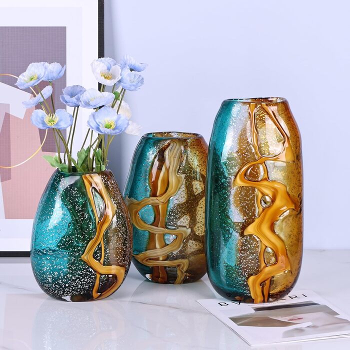 PlivBloom Blue-Green Glass Heads - Hand Blown Murano Glass Flower Vase Decor for Bookshelf & Living Room