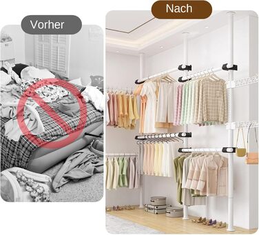 Телескопічна система для гардеробу, штанга для одягу зі 6 штангами, телескопічна шафа для одягу з 2 гачками, регульована полиця 110-300 см, для дому та магазину одягу, білий