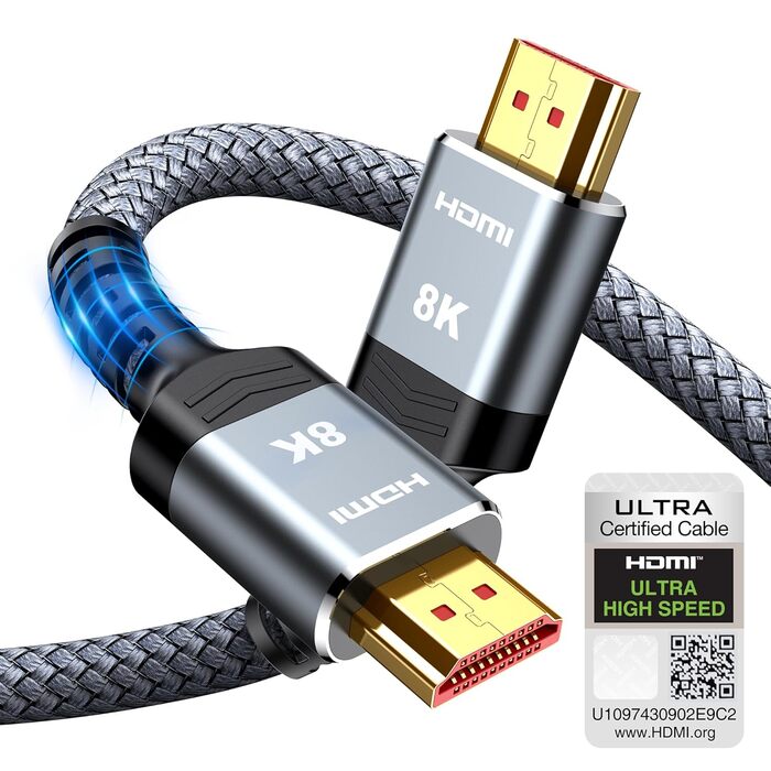 HDMI 2.1 кабель SNOWKIDS 2 метри: 8K@60Hz, 4K@120Hz, 48Gbps, HDR, eARC, HDCP 2.3, сумісний з PS5/PS4/PS3, HDTV, монітор