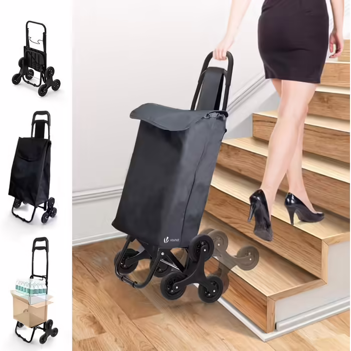 VOUNOT Folding Shopping Trolley with Stair Climber, 3-Wheel Folding Shopping Cart, Shopping Roller Trolley, Removable & Waterproof Black