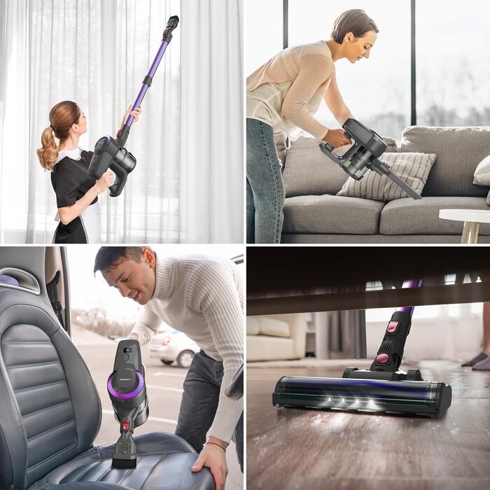 Бездротовий акумуляторний пилосос з потужністю 25000Pa, 175W, час роботи 50 хвилин. Бездротовий ручний пилосос з антизаплутаною насадкою та вертикальним паркуванням, легкий. Підходить для килимів, твердих підлог, видалення шерсті тварин. Колір: фіолетовий