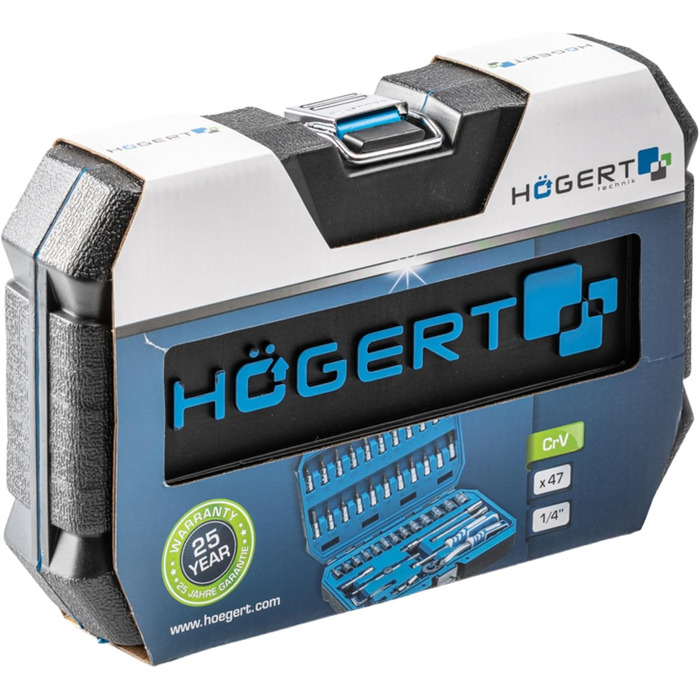 Набір інструментів HÖGERT TECHNIK 46 предметів: тріскачка, біти, насадки, аксесуари 1/4”, хром-ванадієва сталь, високоякісний, кований, 72-зубцева механіка, чорний/синій