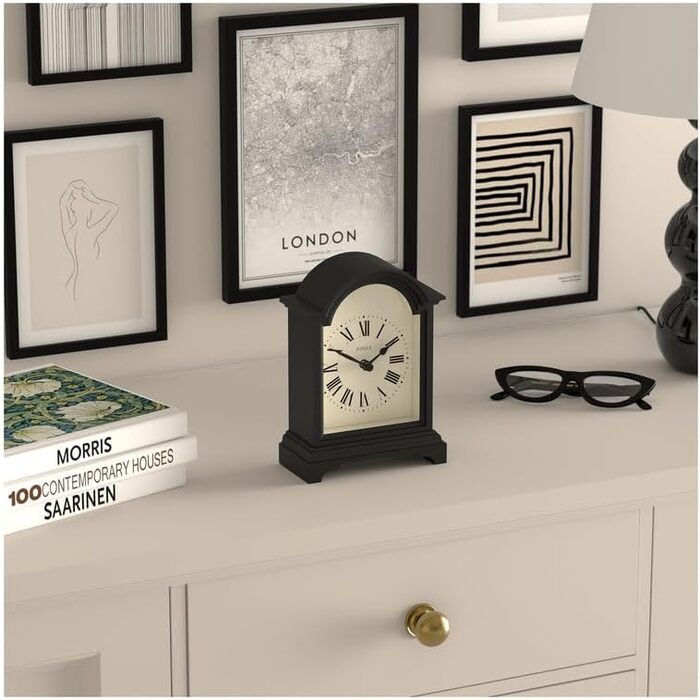 JONES CLOCKS® Bistro Table Clock | Classic Arch Design | White | Timeless Style for Desk, Table, Shelf, or Nightstand (Black)