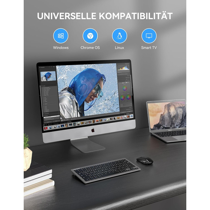 TECKNET Бездротовий Набір Клавіатури та Миші, QWERTZ, 2.4 GHz, 15м, Безшумна Клавіатура та Миша для ПК, Ноутбука, Smart TV, Білий (Сірий)