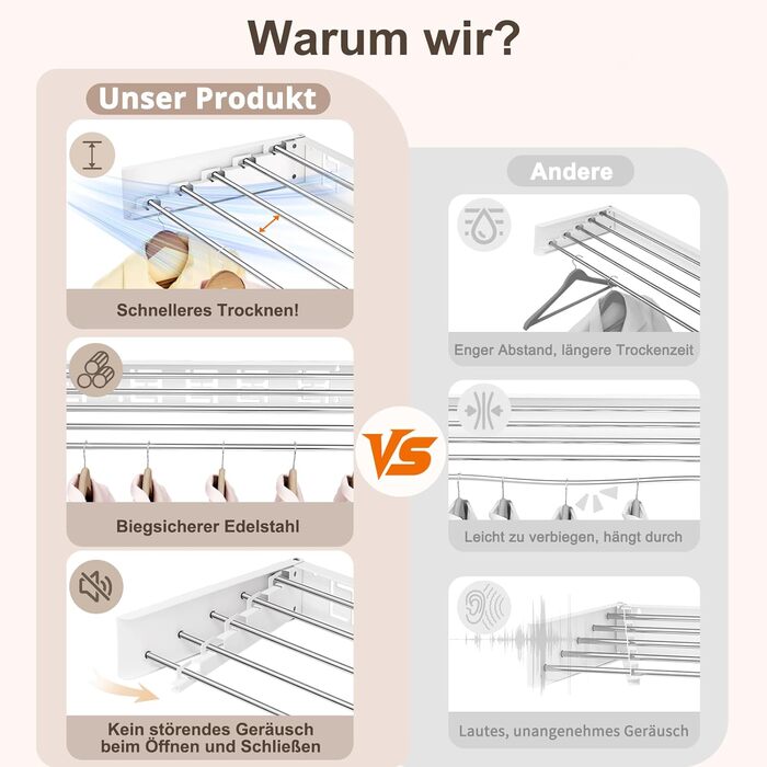 Настінна розкладна сушарка для білизни, компактна сушарка для рушників, висувна з шаблоном для свердління (6 сушарок, білий, 100 см), білий (білий, 80 см)