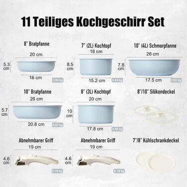 Набір посуду з антипригарним покриттям 11 предметів з знімними ручками. Підходить для індукційних, газових плит, духовки та мийної машини. Без PFAS (блакитний)