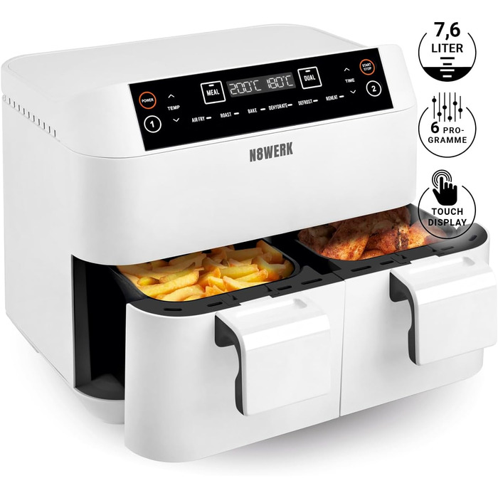 Фритюрниця без олії Heißluftfritteuse Midnight Edition 7.6 л, білий колір, 1800 Вт, 7 програм, цифровий дисплей