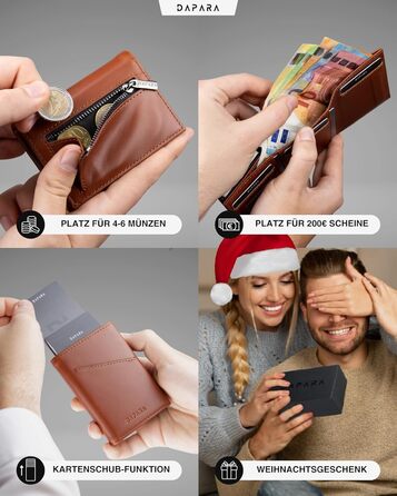 Чоловічий шкіряний гаманець Leder: тонкий, з відділенням для монет та RFID-захистом, вміщує 12 карт, колір коньяк